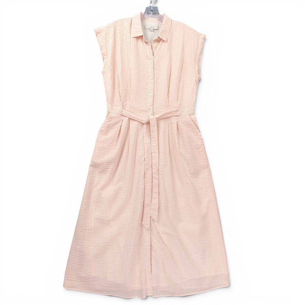 LOFT Pink White Seersucker Belted Midi Shirt Dress Size 10 - Picture 2 of 12